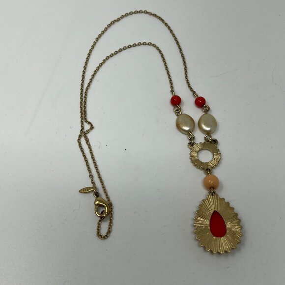 Vintage Avon Necklace Gold Tone Orange Drop and White Tan Beads - Picture 8 of 9